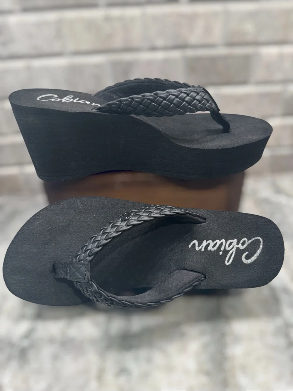 Cobian Zoe Black Cushioned Braided Wedge Flip Flops, 9